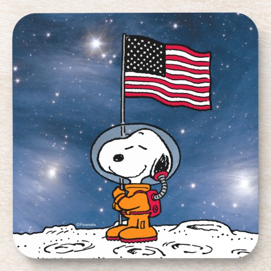 PLATZ | Snoopy mit Flaggenastronaut Getränkeuntersetzer (Vorderseite)