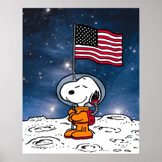 PLATZ | Snoopy mit Flaggenastronaut Poster (Vorne)