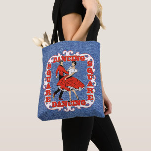 Platz tanzende Paar in Rot/Imitat Denim Hintergrun Tasche