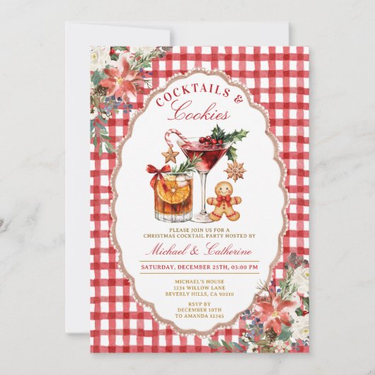 Plätzchen & Cocktails Cozy Rustic Rot Gingham Einladung (Vorderseite)