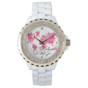 Plätze geht sie Zitat-rosa Aquarell-Weltkarte Armbanduhr