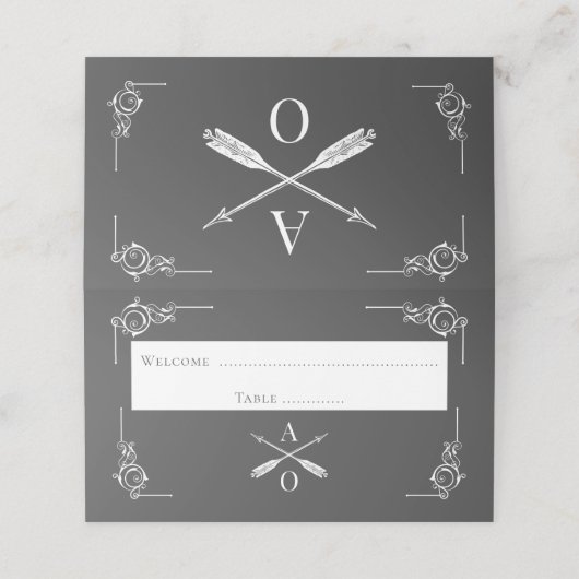 Platzkarte für graue Monogramm- und Pfeile-Empfang (Außenseite Aufgefaltet)
