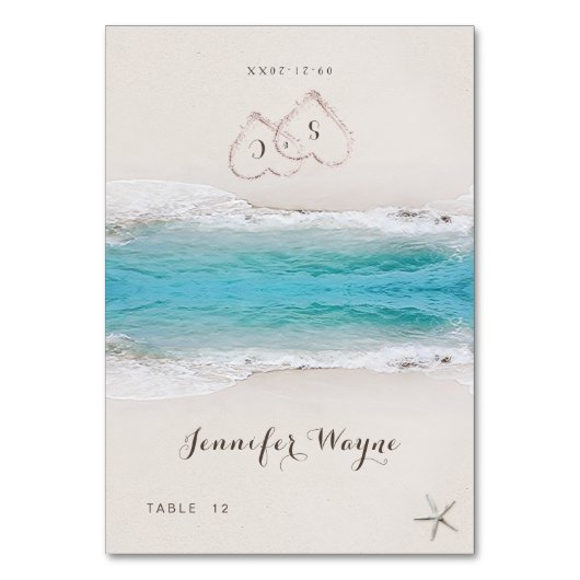 Platzkarte für Hochzeiten am Sandstrand Tischnummer (Vorderseite)