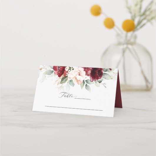 Platzkarte für Hochzeiten in Burgund und Rosa (Vorderseite)