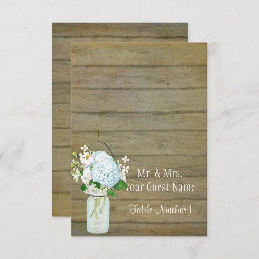 Platzkarte Rustic Country Mason Jar Blue Hydrangea (Vorne/Hinten)