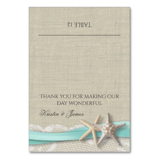 Platzkarte Starfish Lace und Ribbon Tischnummer (Vorderseite)