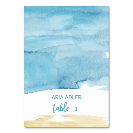 Platzkarten für Wasserfarben Sand und Meer Tischnummer (Vorderseite)