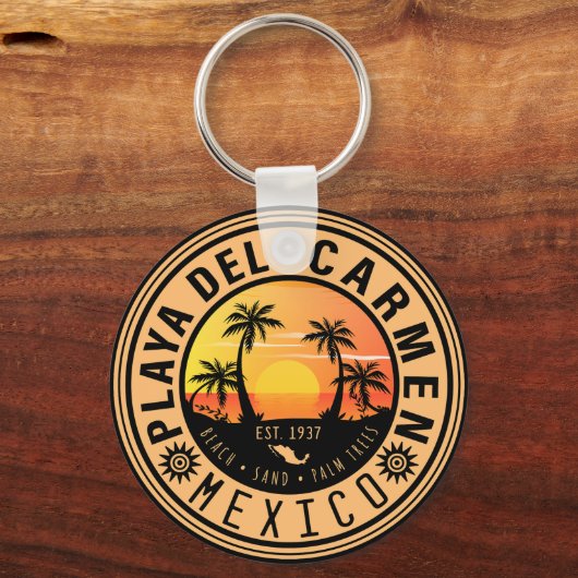 Playa del Carmen Retro Sonnenuntergang Palmen 1960 Schlüsselanhänger (Vorderseite)