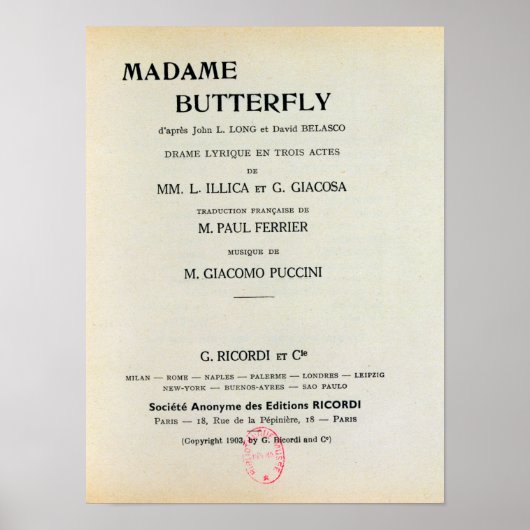 Playbill for Madame Butterfly by Giacomo Poster (Vorne)