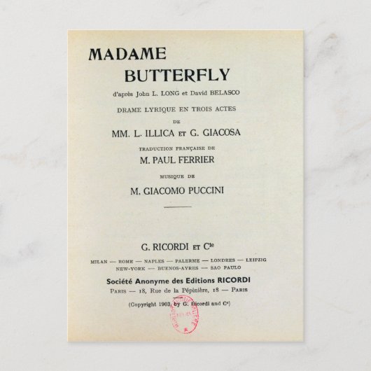 Playbill for Madame Butterfly by Giacomo Postkarte (Vorderseite)