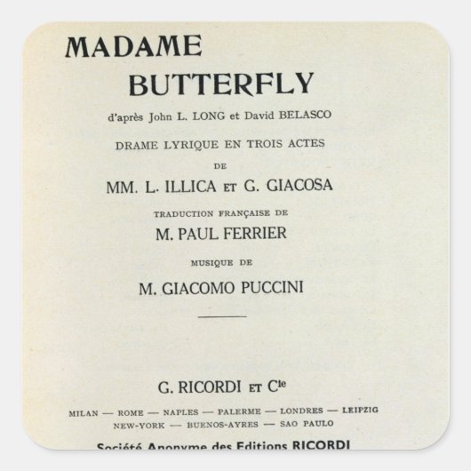 Playbill for Madame Butterfly by Giacomo Quadratischer Aufkleber (Vorderseite)