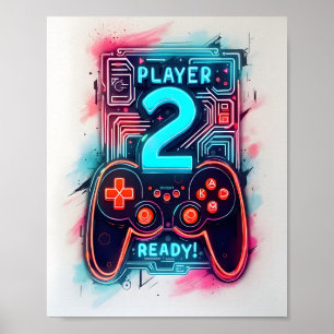 Player 2 Bereit Neon Gamer Art Poster