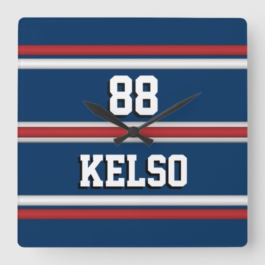 Player Jersey Stripes in Red White Blue Quadratische Wanduhr (Vorderseite)