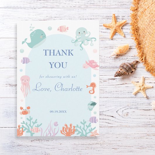 Playful Aqua Underwater Ocean Animals Baby Dankeskarte
