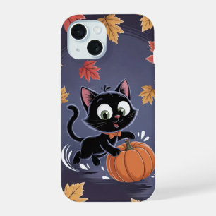 Playful Black Cat Pumpkin Leaf iPhone / iPad Gehäu 15 Hülle
