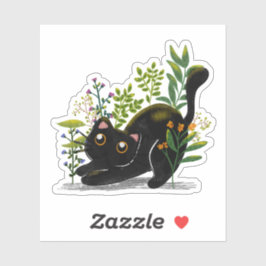 Playful Black Cat with Flowers – Cute Botanical  Aufkleber