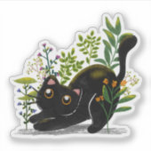 Playful Black Cat with Flowers – Cute Botanical Aufkleber (Vorderseite)