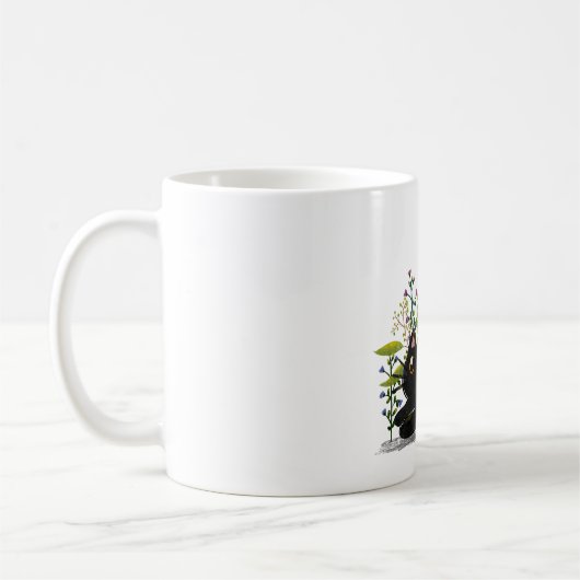 Playful Black Cat with Flowers – Cute Botanical Kaffeetasse (Links)