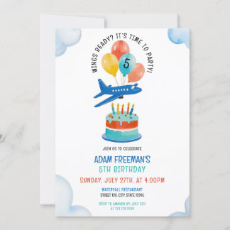 Playful Blue Airplane Boys 5. Geburtstag Einladung