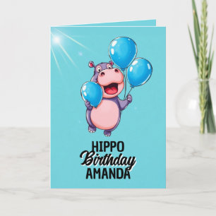 Playful Blue Balloons Hippo Geburtstag Karte