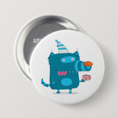 Playful Blue Cartoon Monster mit Party Hat Button (Vorne & Hinten)
