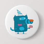 Playful Blue Cartoon Monster mit Party Hat Button (Vorderseite)