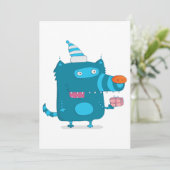 Playful Blue Cartoon Monster mit Party Hat Einladung (Stehend Vorderseite)