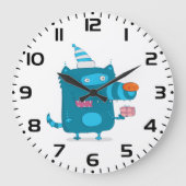 Playful Blue Cartoon Monster mit Party Hat Große Wanduhr (Vorderseite)