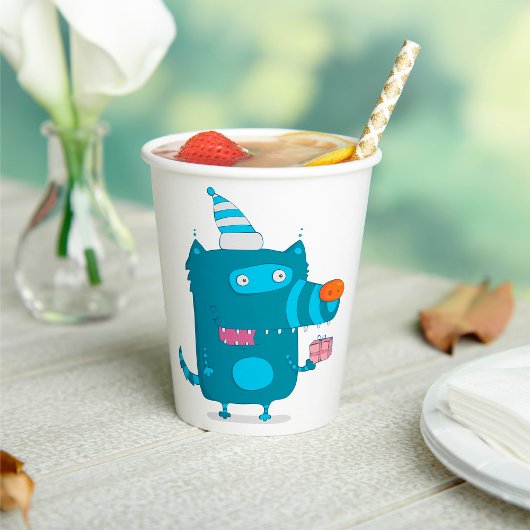 Playful Blue Cartoon Monster mit Party Hat Pappbecher