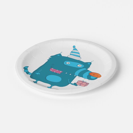 Playful Blue Cartoon Monster mit Party Hat Pappteller (Schrägansicht)