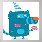 Playful Blue Cartoon Monster mit Party Hat Poster (Vorne)