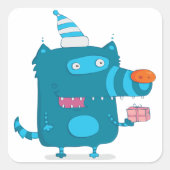 Playful Blue Cartoon Monster mit Party Hat Quadratischer Aufkleber (Vorderseite)