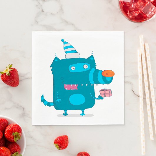 Playful Blue Cartoon Monster mit Party Hat Serviette