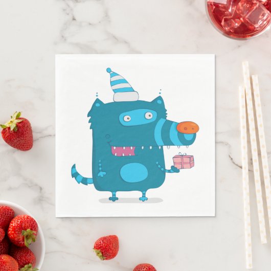 Playful Blue Cartoon Monster mit Party Hat Serviette (Beispiel)