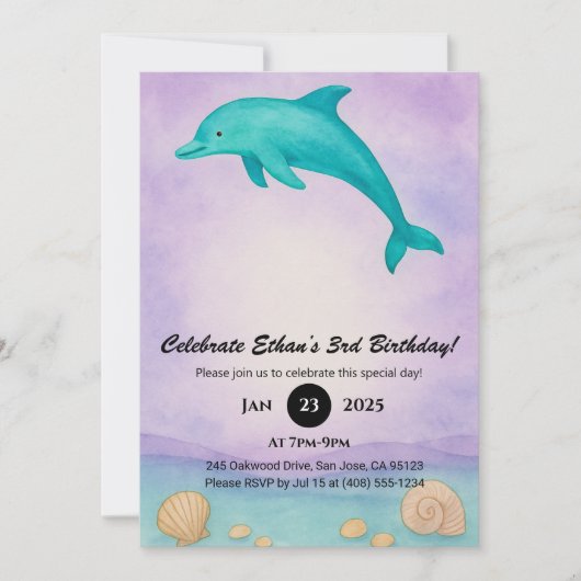 Playful Blue Dolphin & Seashell Ocean Birthday Einladung (Vorderseite)