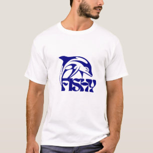 Playful Blue Fish Design mit 'Fishy' Text T-Shirt