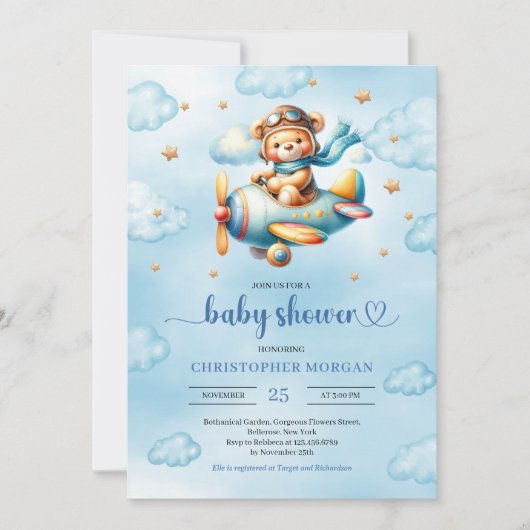 Playful blue pilot teddy bear boy shower invites einladung (Vorderseite)