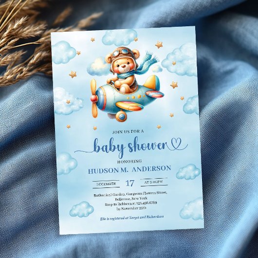 Playful blue pilot teddy bear boy shower invites einladung