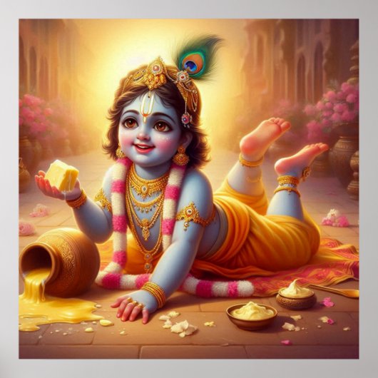 Playful Blue Traditionelles Bala Krishna Art Desig Poster (Vorne)