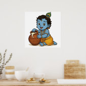 Playful Blue Yellow Säugling Krishna Art Design Poster (Küche)