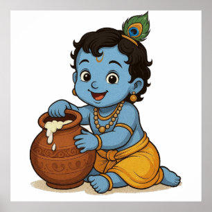 Playful Blue Yellow Säugling Krishna Art Design Poster
