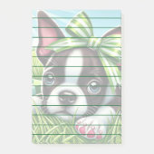 Playful Boston Terrier Puppy mit Green Bow Post-it Klebezettel (Vorderseite)