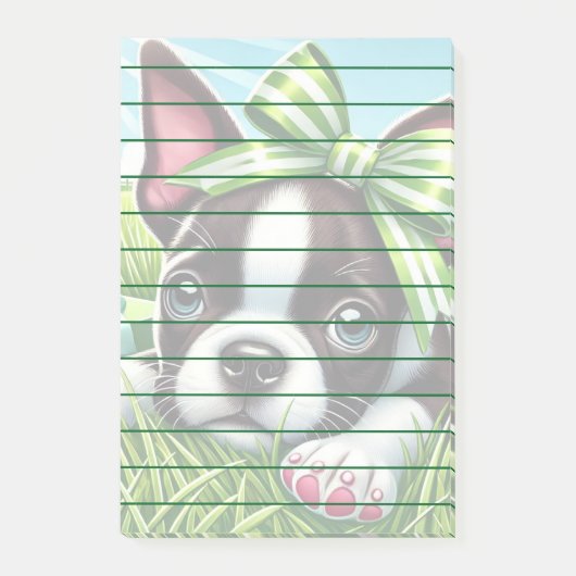 Playful Boston Terrier Puppy mit Green Bow Post-it Klebezettel (Vorderseite)