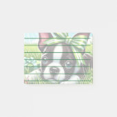 Playful Boston Terrier Puppy mit Green Bow Post-it Klebezettel (Vorderseite)