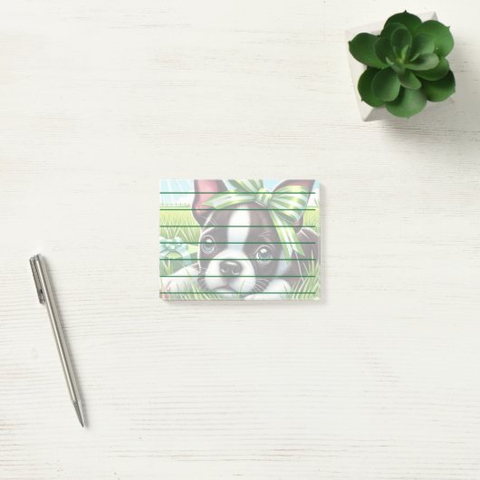 Playful Boston Terrier Puppy mit Green Bow Post-it Klebezettel (Büro)