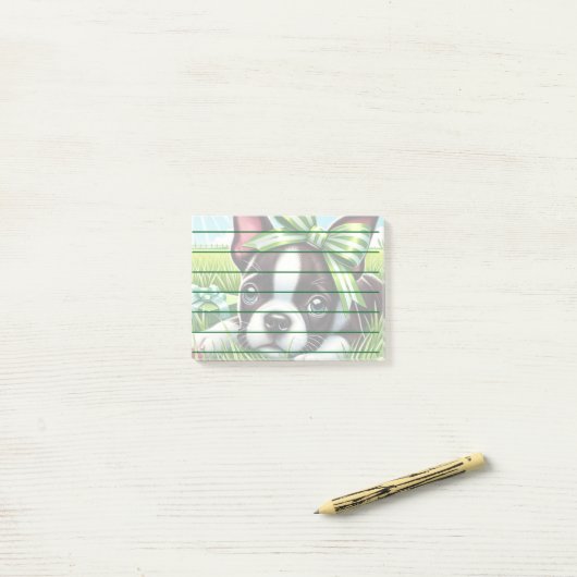 Playful Boston Terrier Puppy mit Green Bow Post-it Klebezettel (Auf Schreibtisch)