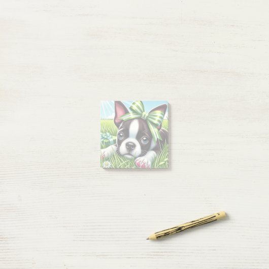 Playful Boston Terrier Puppy mit Green Bow Post-it Klebezettel (Auf Schreibtisch)