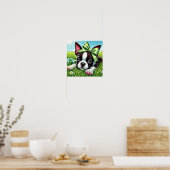 Playful Boston Terrier Puppy mit Green Bow Poster (Küche)