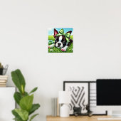 Playful Boston Terrier Puppy mit Green Bow Poster (Heimbüro)