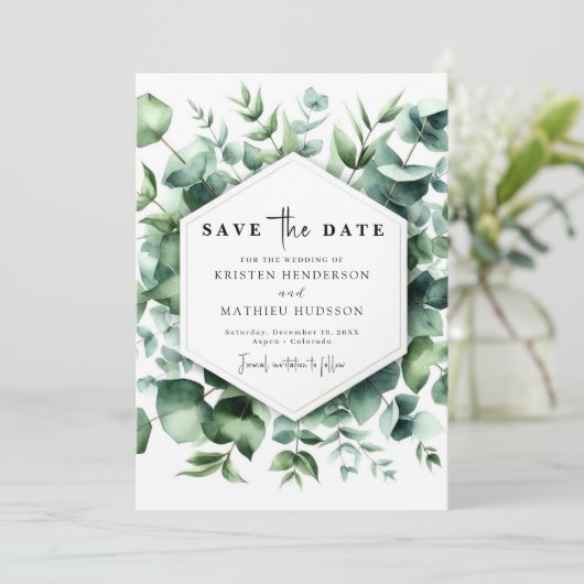 Playful Botanical Eucalyptus Digital Wedding Save The Date (Stehend Vorderseite)